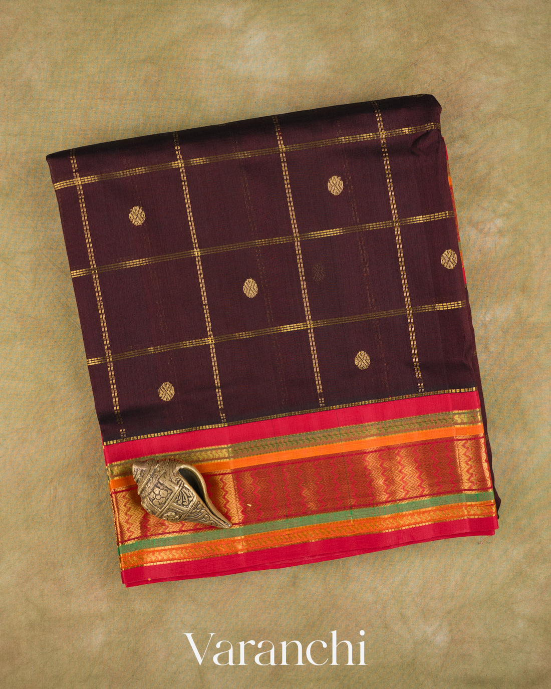 Deep Maroon Checkered Pure Kanchipuram Silk Cotton Handloom Saree — Folded