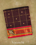 Deep Maroon Checkered Pure Kanchipuram Silk Cotton Handloom Saree — Folded
