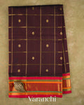 Deep Maroon Checkered Pure Kanchipuram Silk Cotton Handloom Saree — Full Saree