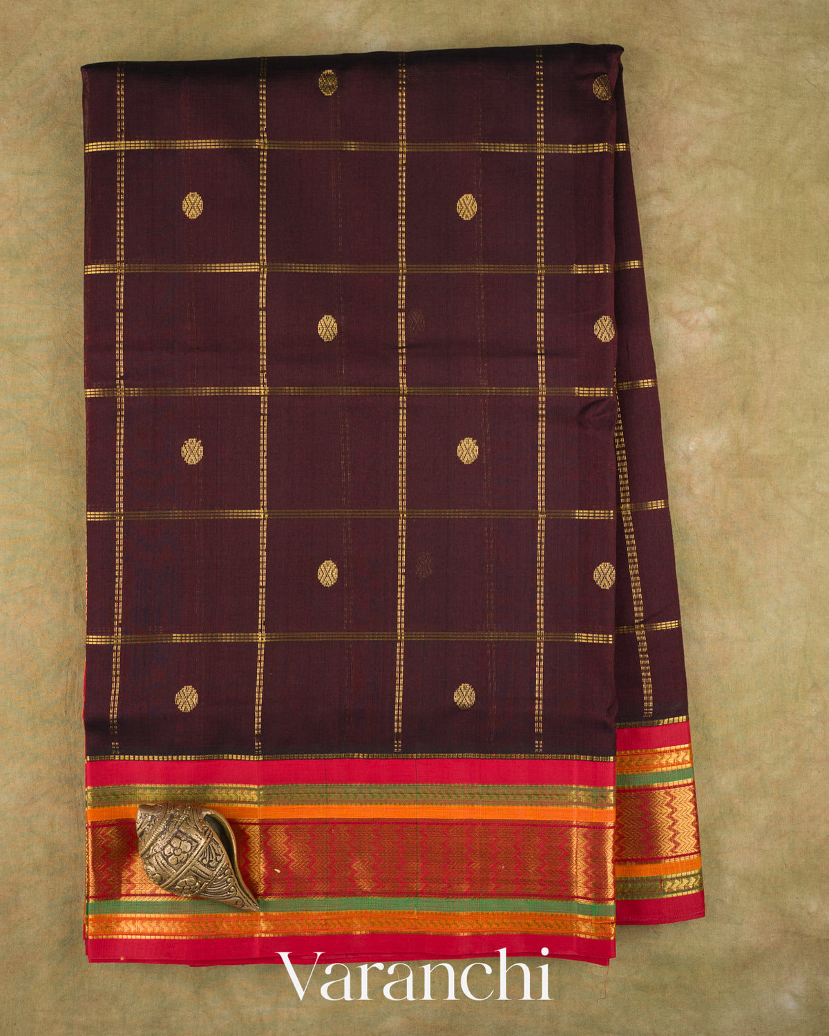 Deep Maroon Checkered Pure Kanchipuram Silk Cotton Handloom Saree — Full Saree