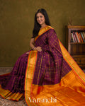 Deep Wine Checkered Pure Kanchipuram Silk Cotton Handloom Saree — Draped