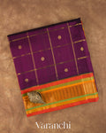Deep Wine Checkered Pure Kanchipuram Silk Cotton Handloom Saree — Folded