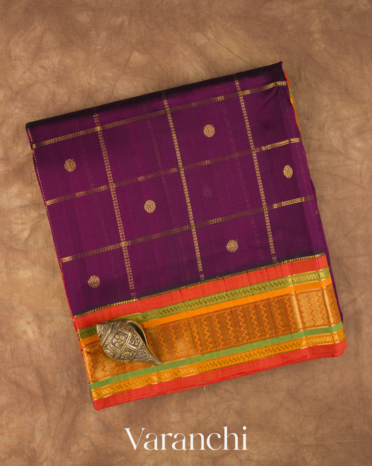 Deep Wine Checkered Pure Kanchipuram Silk Cotton Handloom Saree — Folded