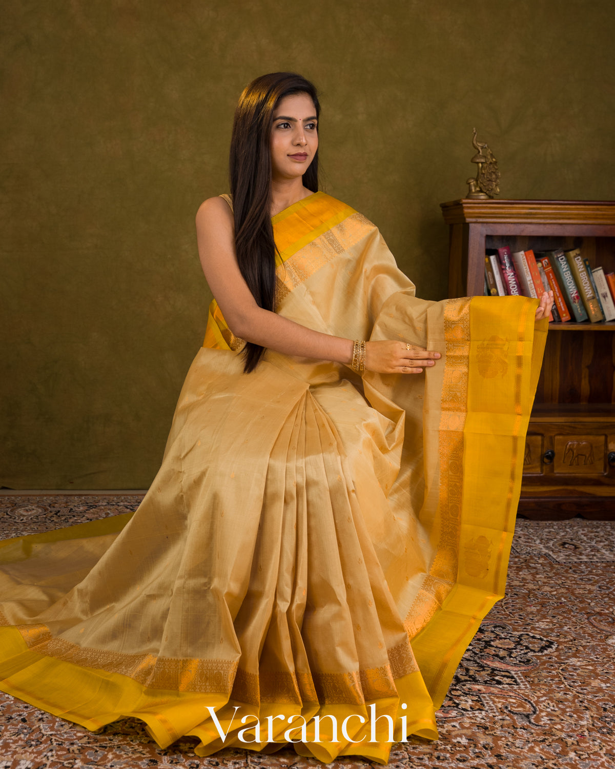 Beige Pure Kanchipuram Silk Cotton Handloom Saree — Draped