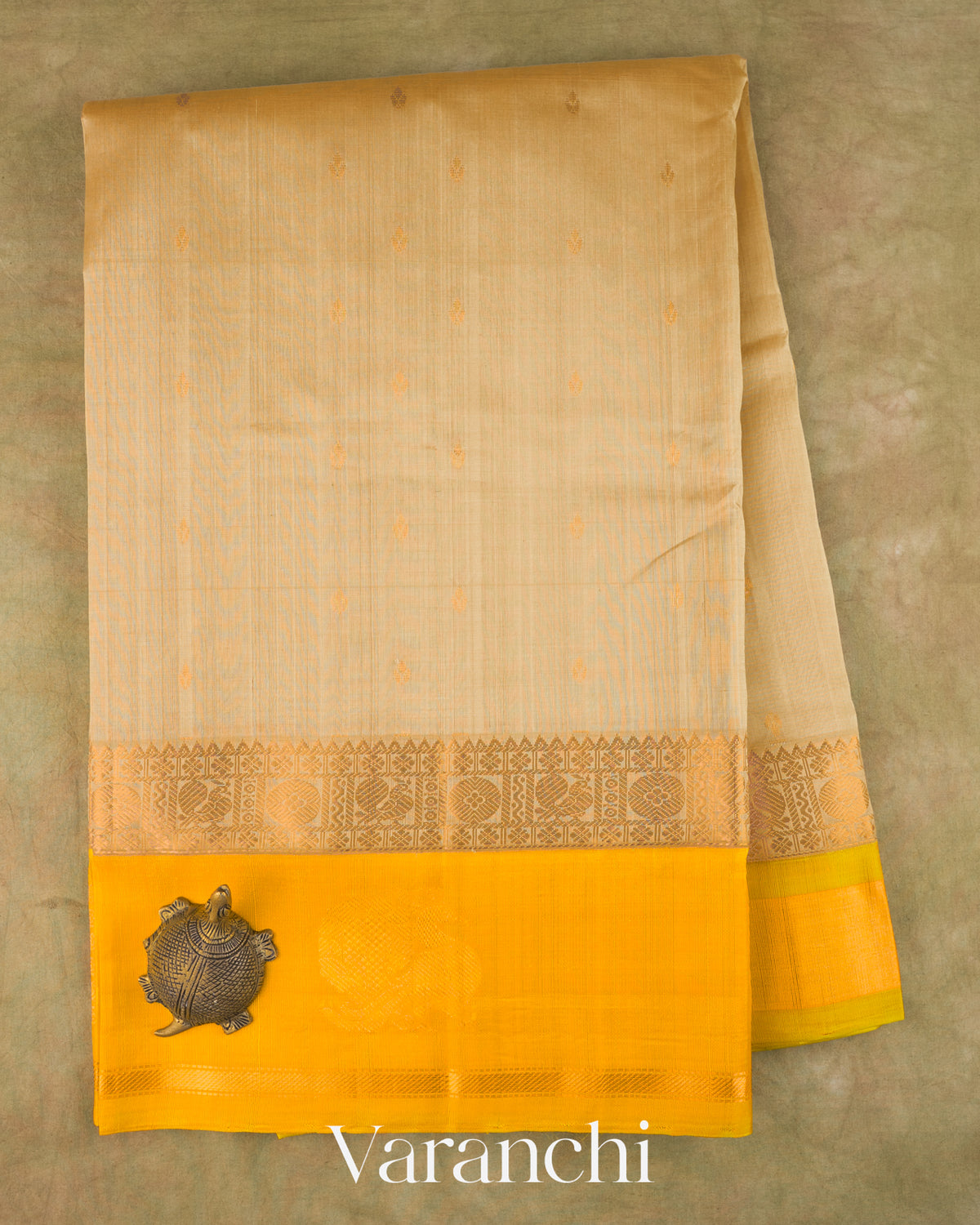 Beige Pure Kanchipuram Silk Cotton Handloom Saree — Full Saree