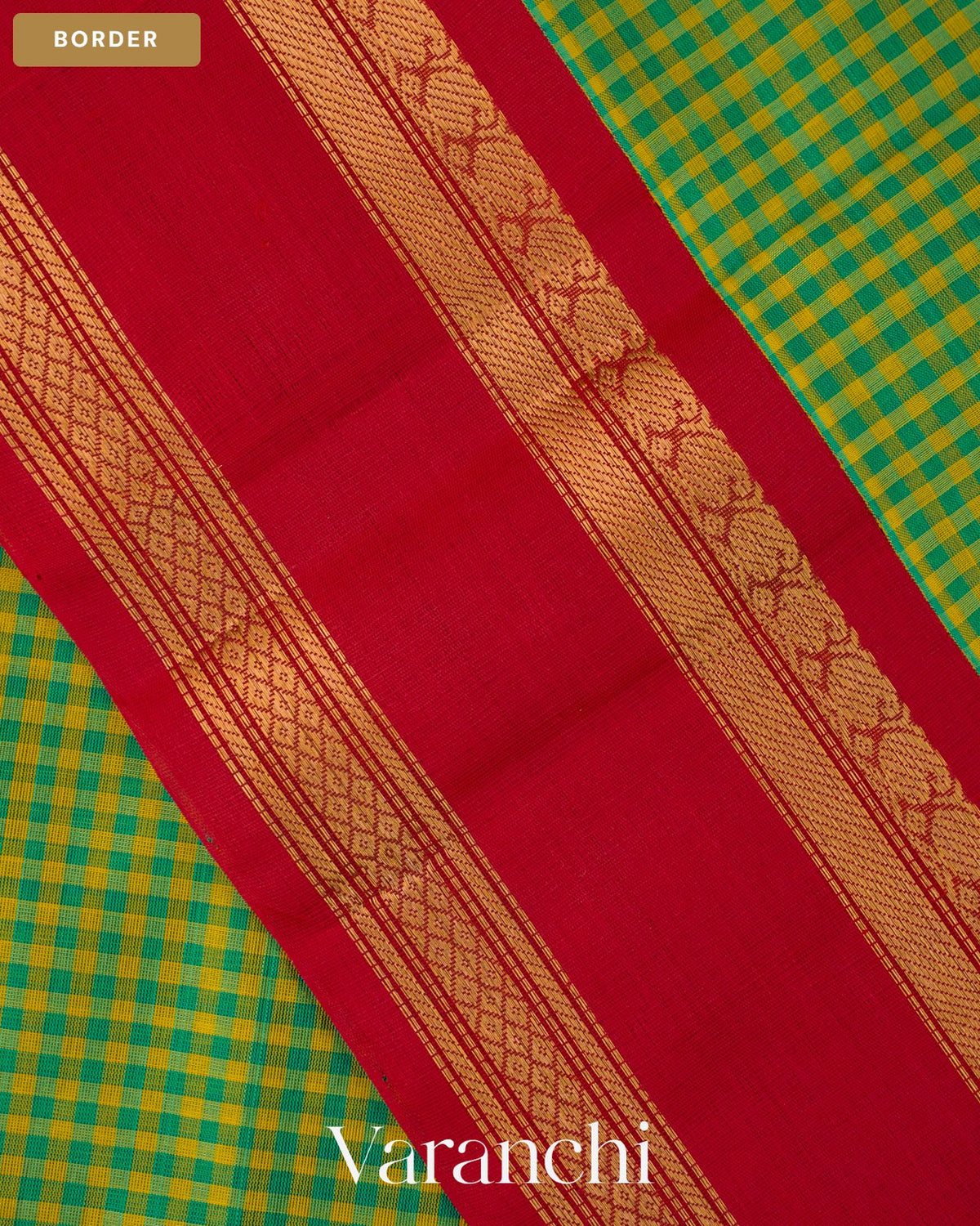 Teal Blue and Yellow Checkered Pure Kanchipuram Silk Cotton Handloom Saree — Border