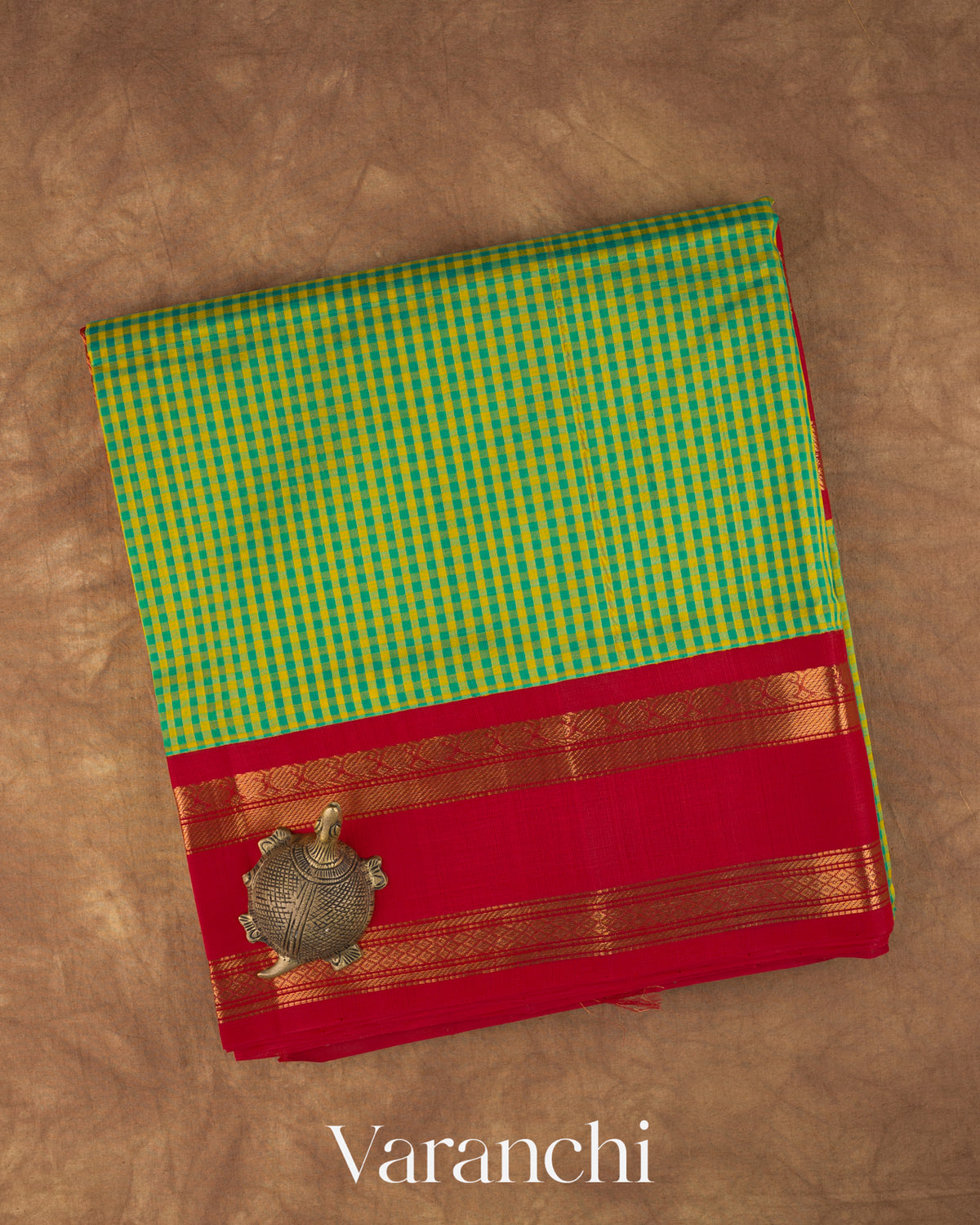 Teal Blue and Yellow Checkered Pure Kanchipuram Silk Cotton Handloom Saree — Folded
