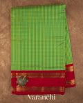 Teal Blue and Yellow Checkered Pure Kanchipuram Silk Cotton Handloom Saree — Full Saree