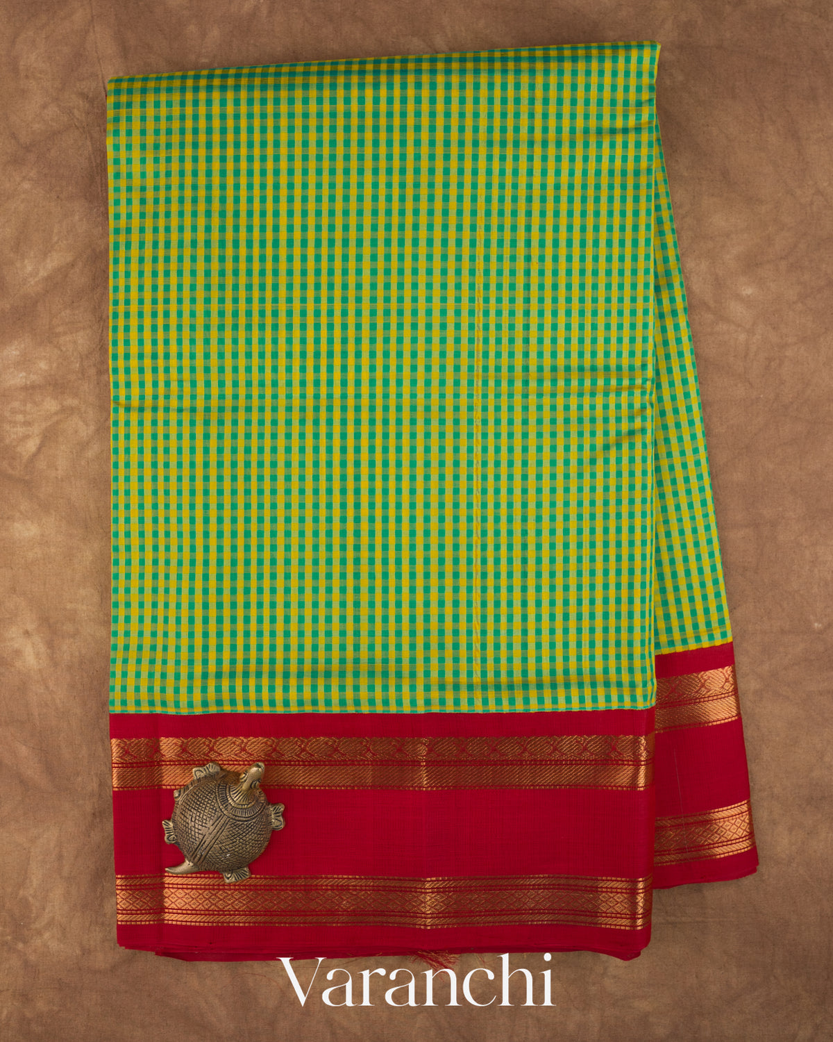 Teal Blue and Yellow Checkered Pure Kanchipuram Silk Cotton Handloom Saree — Full Saree