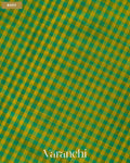 Teal Blue and Yellow Checkered Pure Kanchipuram Silk Cotton Handloom Saree — Body