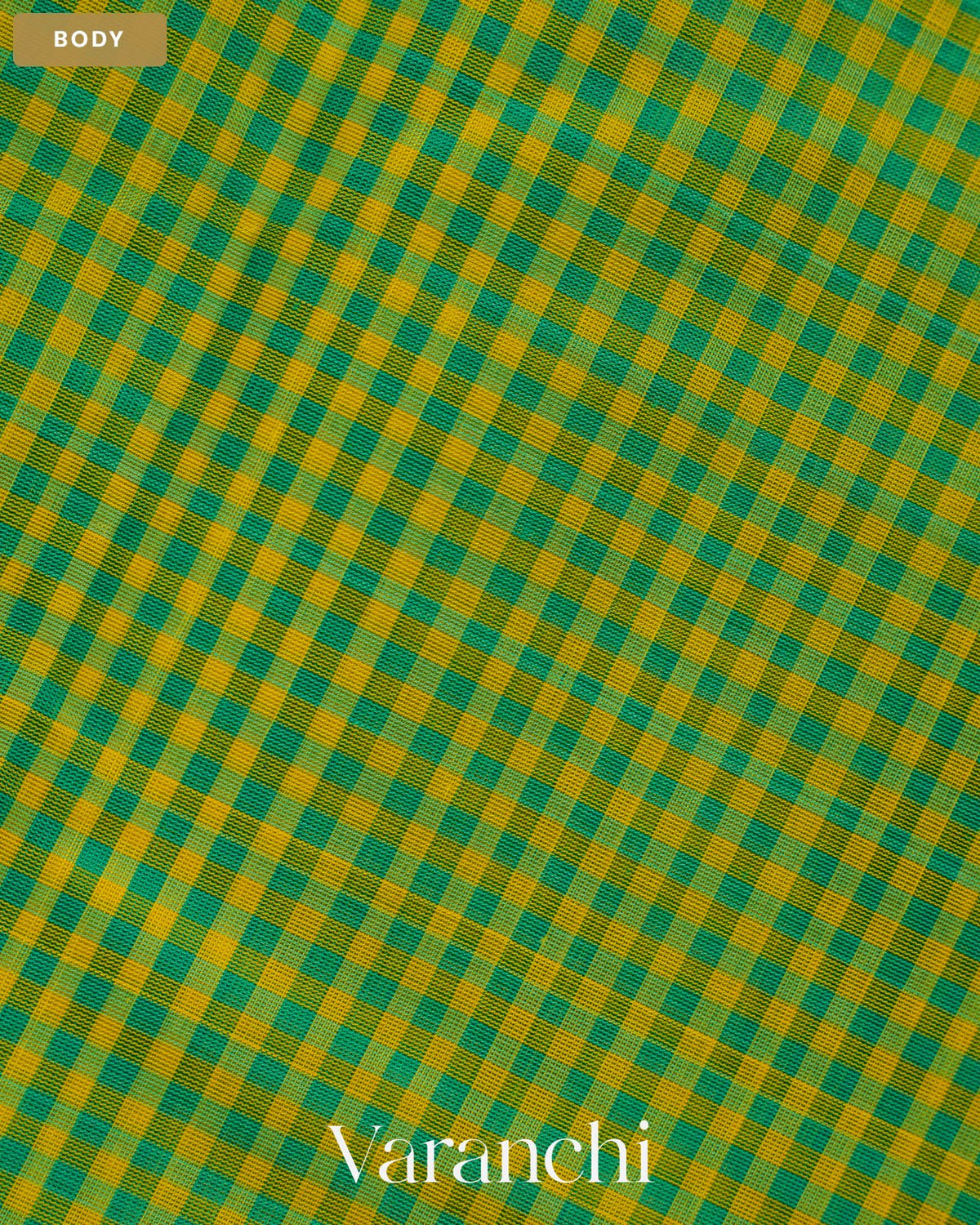 Teal Blue and Yellow Checkered Pure Kanchipuram Silk Cotton Handloom Saree — Body