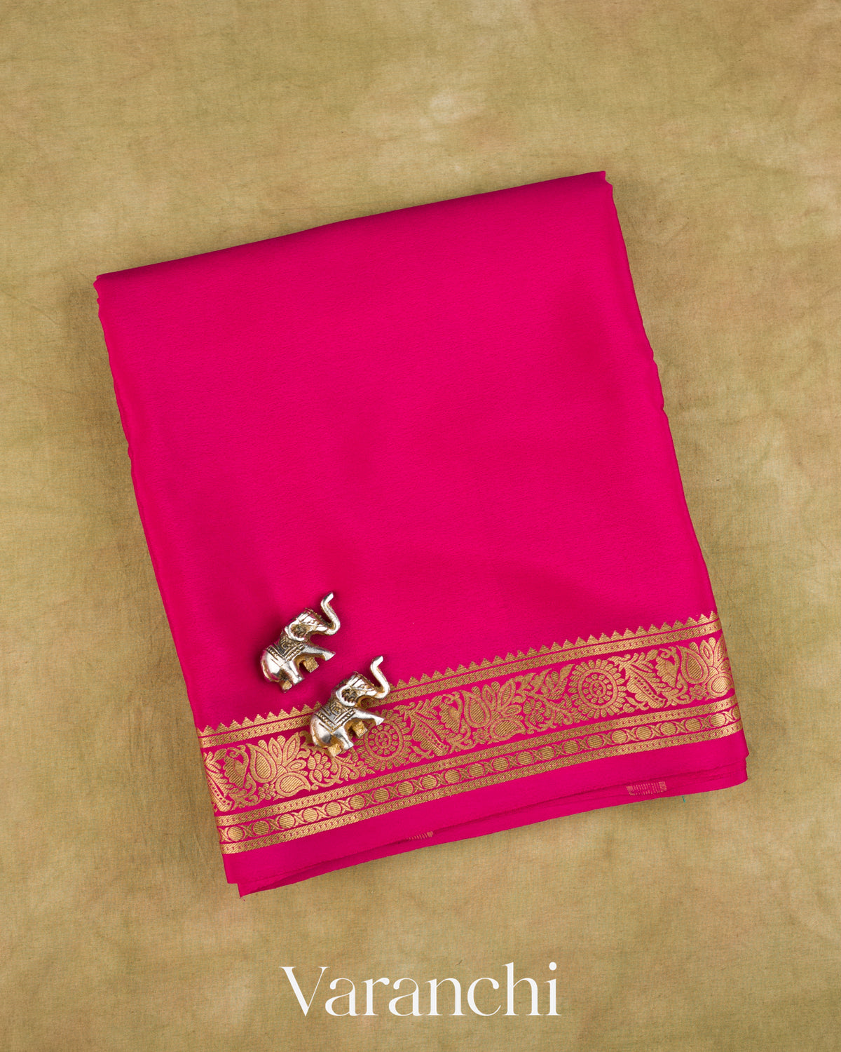 Rani Pink Pure Mysore Crepe Silk Saree — Folded