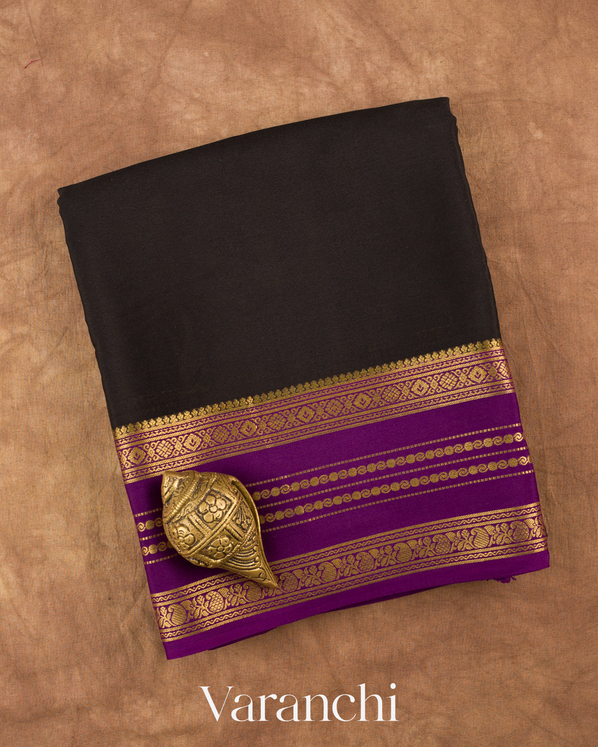 Black Maroon Pure Mysore Crepe Silk Saree — Folded