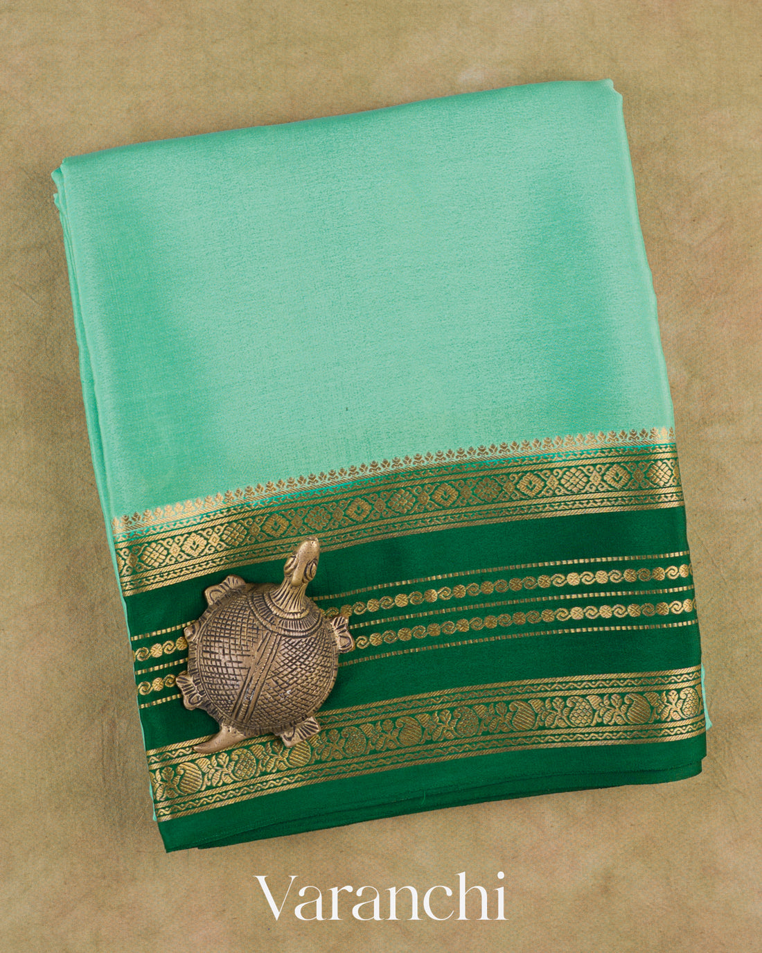 Sea Green Pure Mysore Crepe Silk Saree — Folded