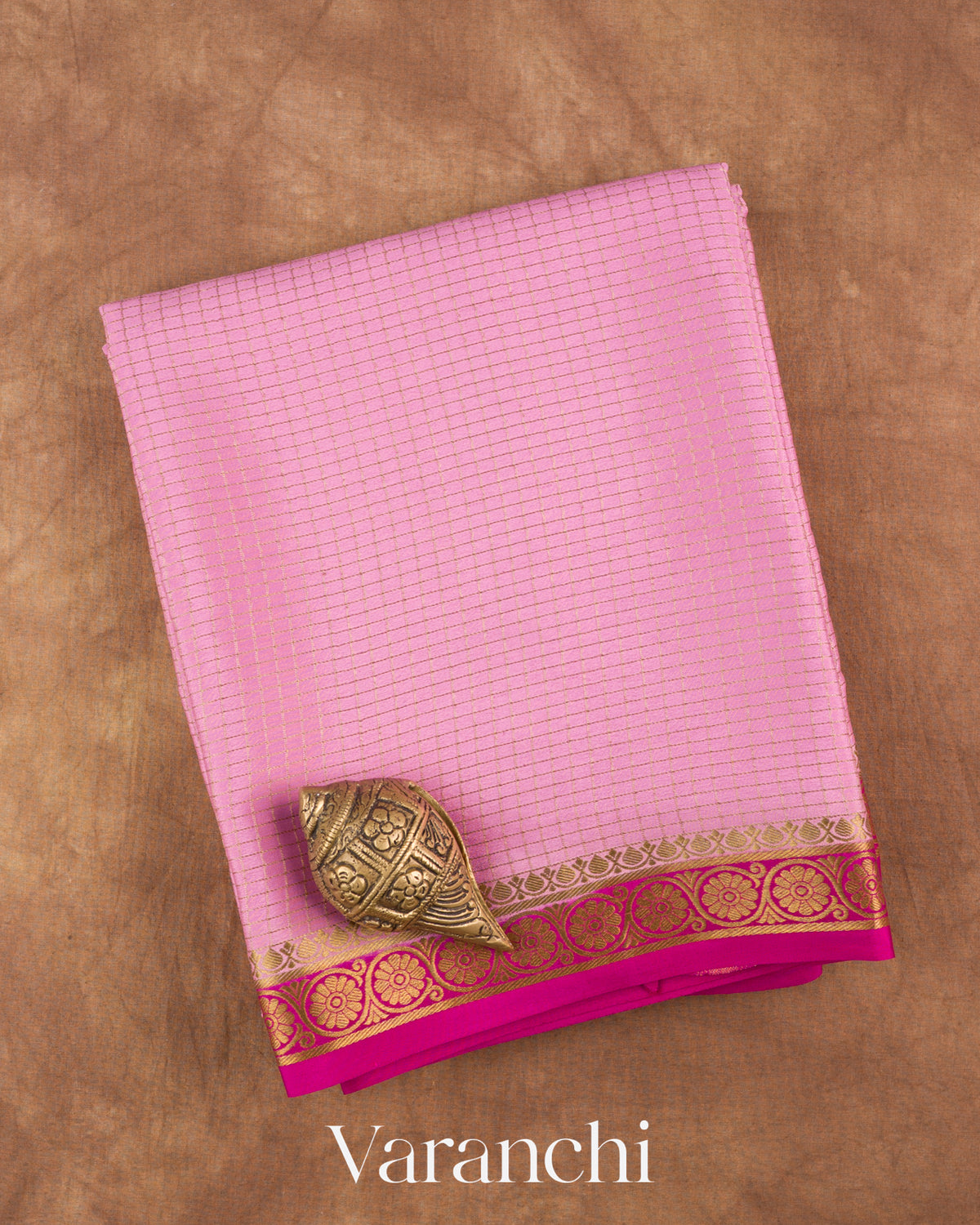 Peach Checkered Pure Mysore Crepe Silk Saree — Folded