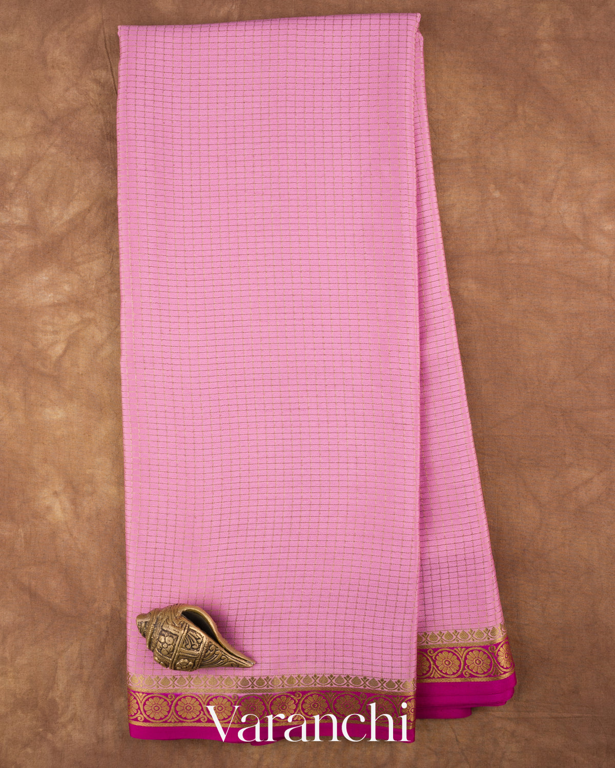 Peach Checkered Pure Mysore Crepe Silk Saree — Full Saree