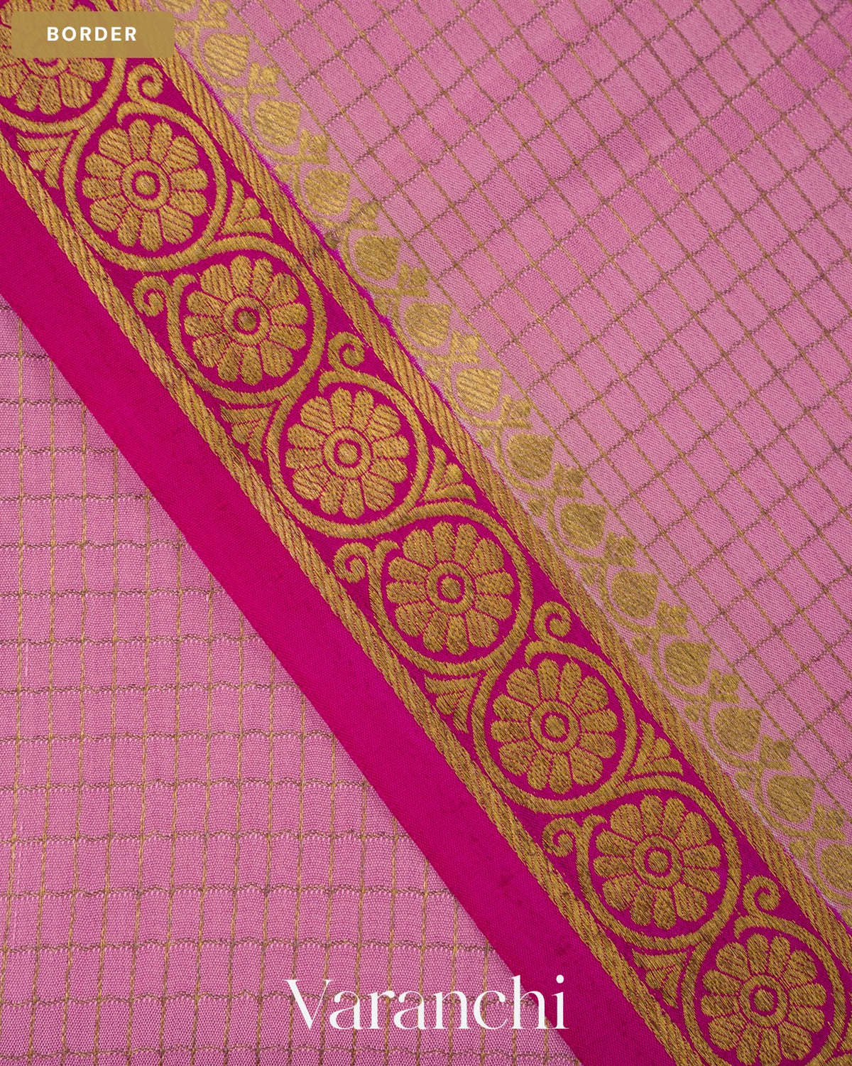 Peach Checkered Pure Mysore Crepe Silk Saree — Border