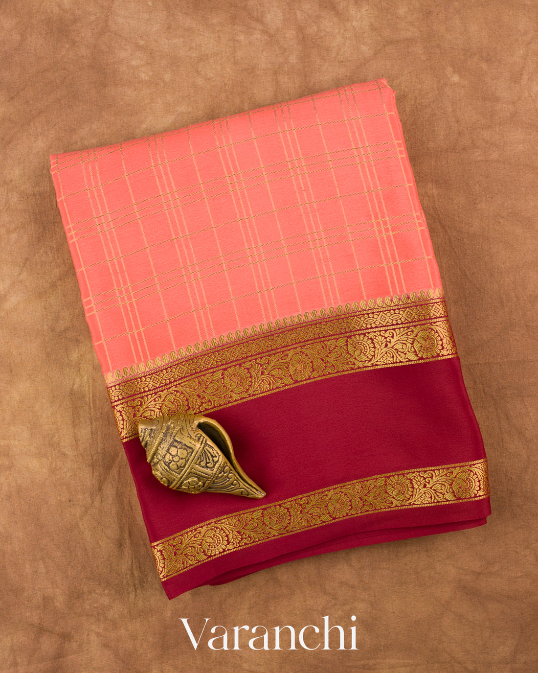 Coral Peach Checkered Pure Mysore Crepe Silk Saree — Folded