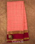 Coral Peach Checkered Pure Mysore Crepe Silk Saree — Full Saree