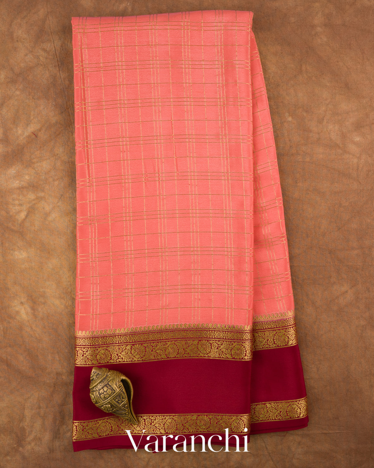 Coral Peach Checkered Pure Mysore Crepe Silk Saree — Full Saree