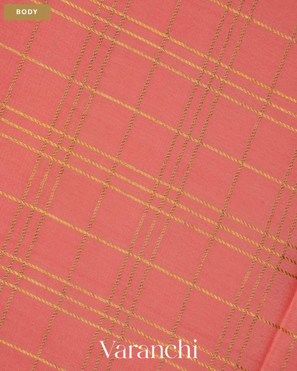 Coral Peach Checkered Pure Mysore Crepe Silk Saree — Body