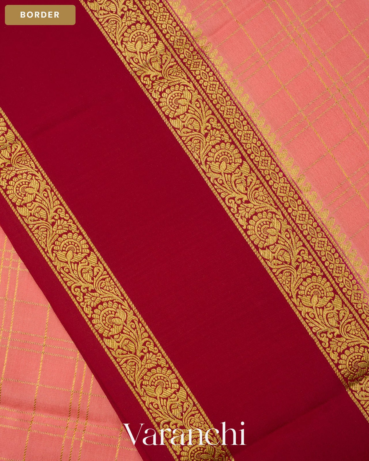 Coral Peach Checkered Pure Mysore Crepe Silk Saree — Border
