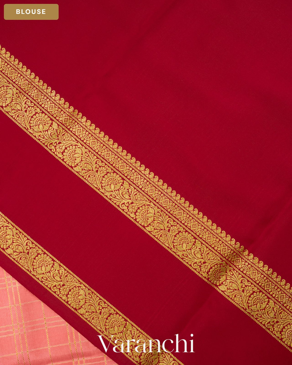 Coral Peach Checkered Pure Mysore Crepe Silk Saree — Blouse