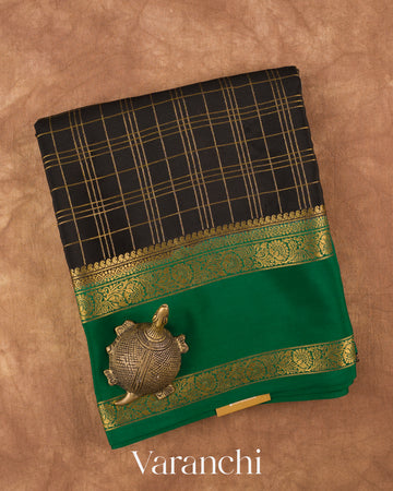 Black Checkered Pure Mysore Crepe Silk Saree — Folded