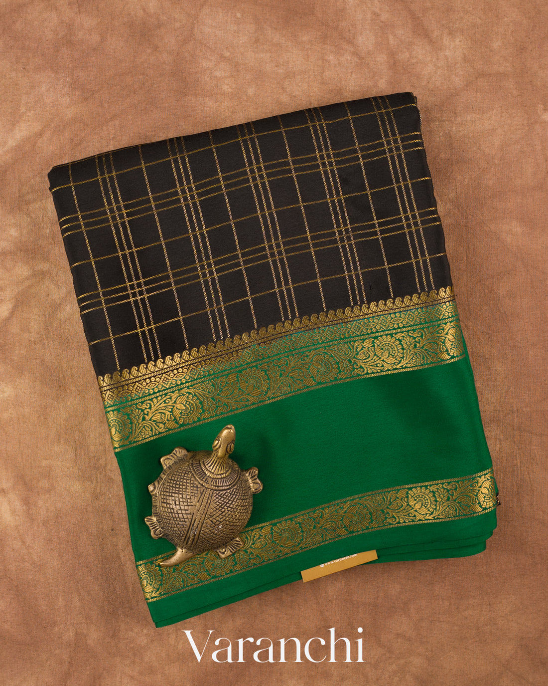 Black Checkered Pure Mysore Crepe Silk Saree — Folded