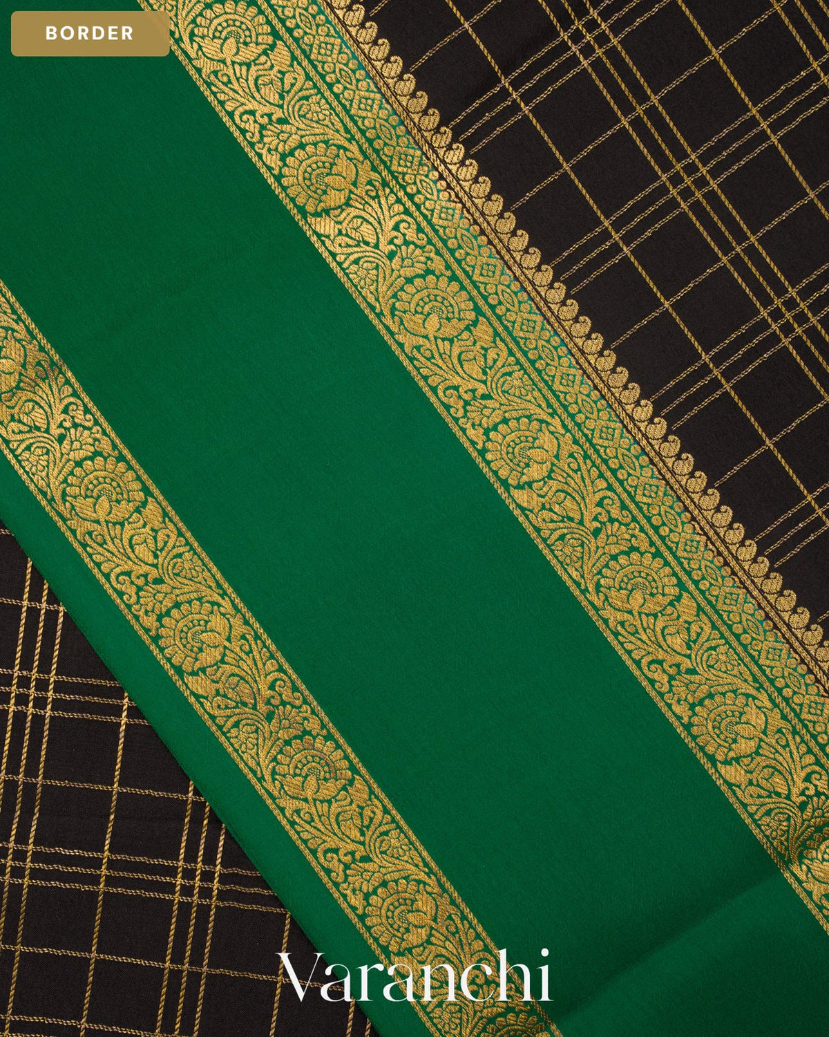 Black Checkered Pure Mysore Crepe Silk Saree — Border