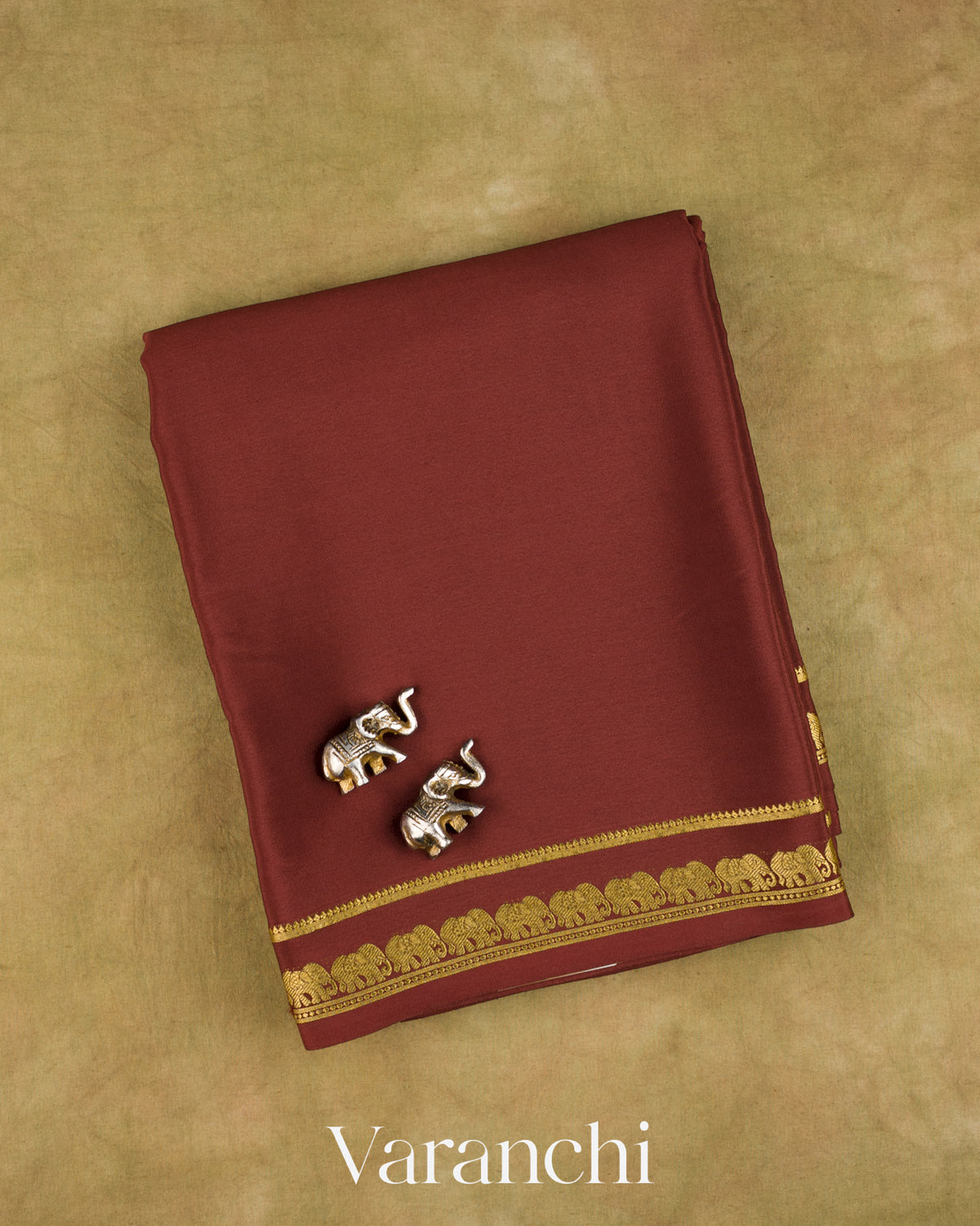 Wine Maroon Pure Mysore Crepe Silk Saree — Folded