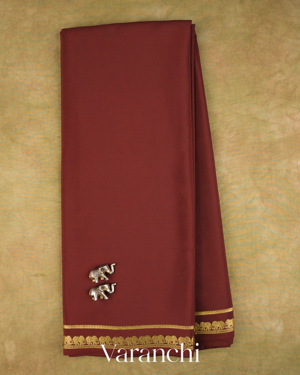 Wine Maroon Pure Mysore Crepe Silk Saree — Full Saree