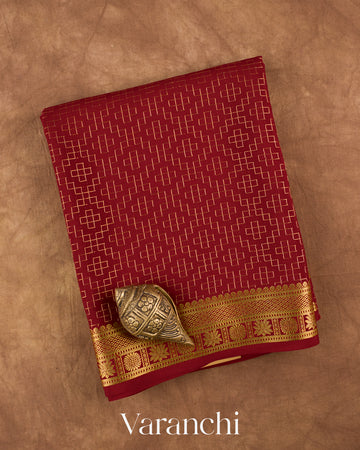 Maroon Checkered Pure Mysore Crepe Silk Saree — Folded