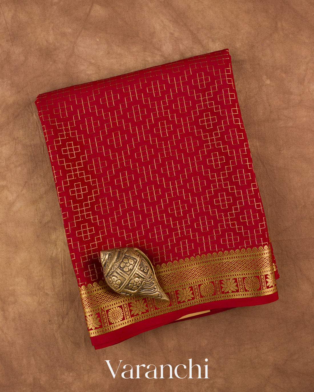 Maroon Checkered Pure Mysore Crepe Silk Saree — Folded