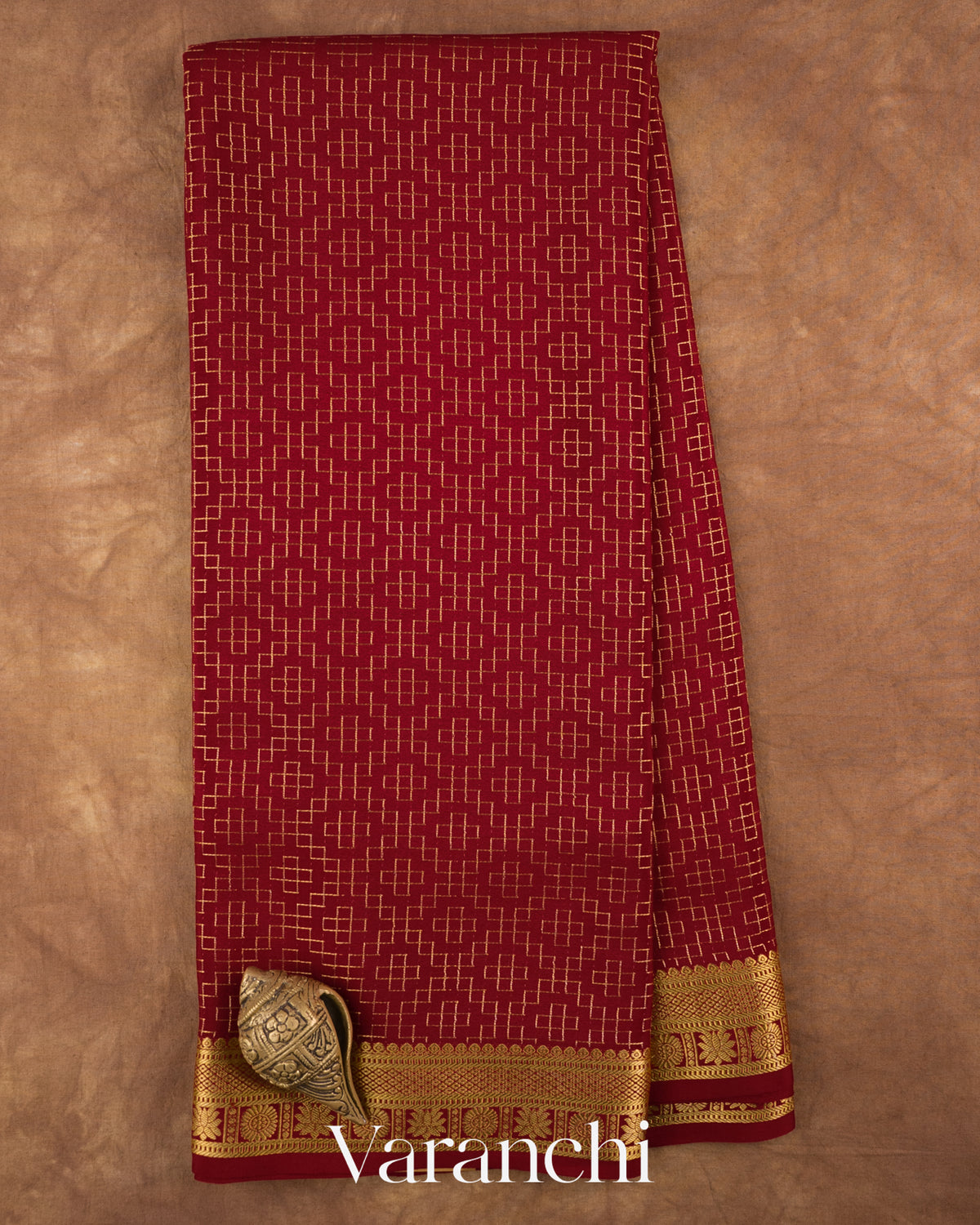 Maroon Checkered Pure Mysore Crepe Silk Saree — Full Saree