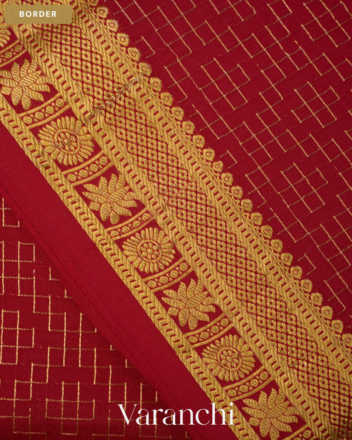 Maroon Checkered Pure Mysore Crepe Silk Saree — Border