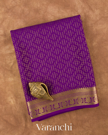 Purple Checkered Pure Mysore Crepe Silk Saree — Folded
