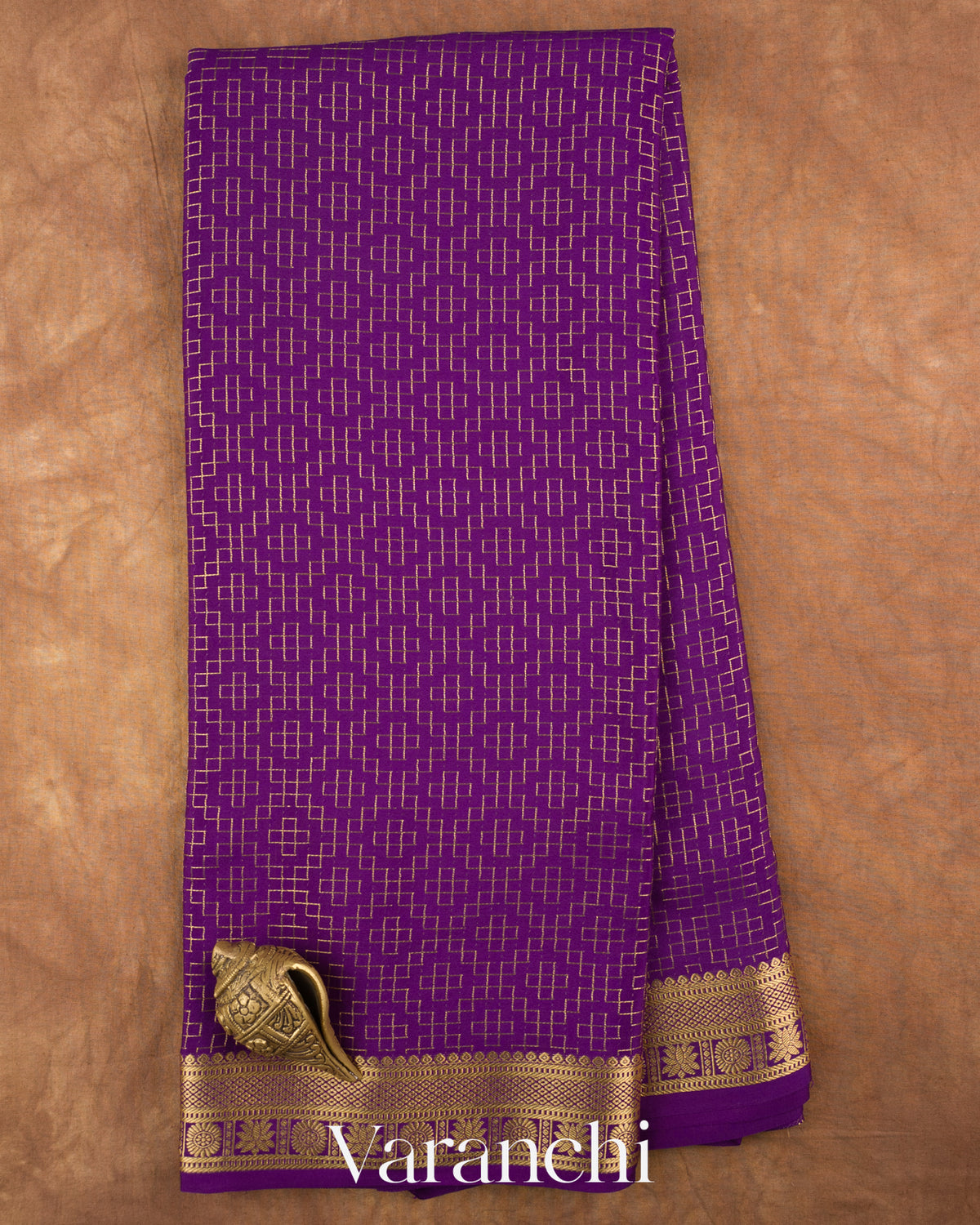 Purple Checkered Pure Mysore Crepe Silk Saree — Full Saree
