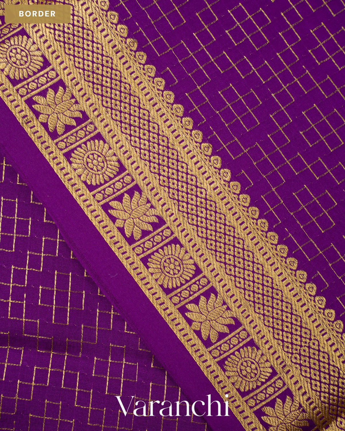 Purple Checkered Pure Mysore Crepe Silk Saree — Border