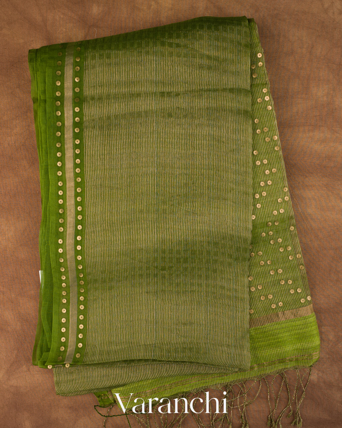 Leafy Green with Sequin Embroidery Pure Muslin Silk Handloom Saree — Full Saree