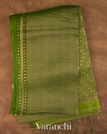 Leafy Green with Sequin Embroidery Pure Muslin Silk Handloom Saree — Full Saree