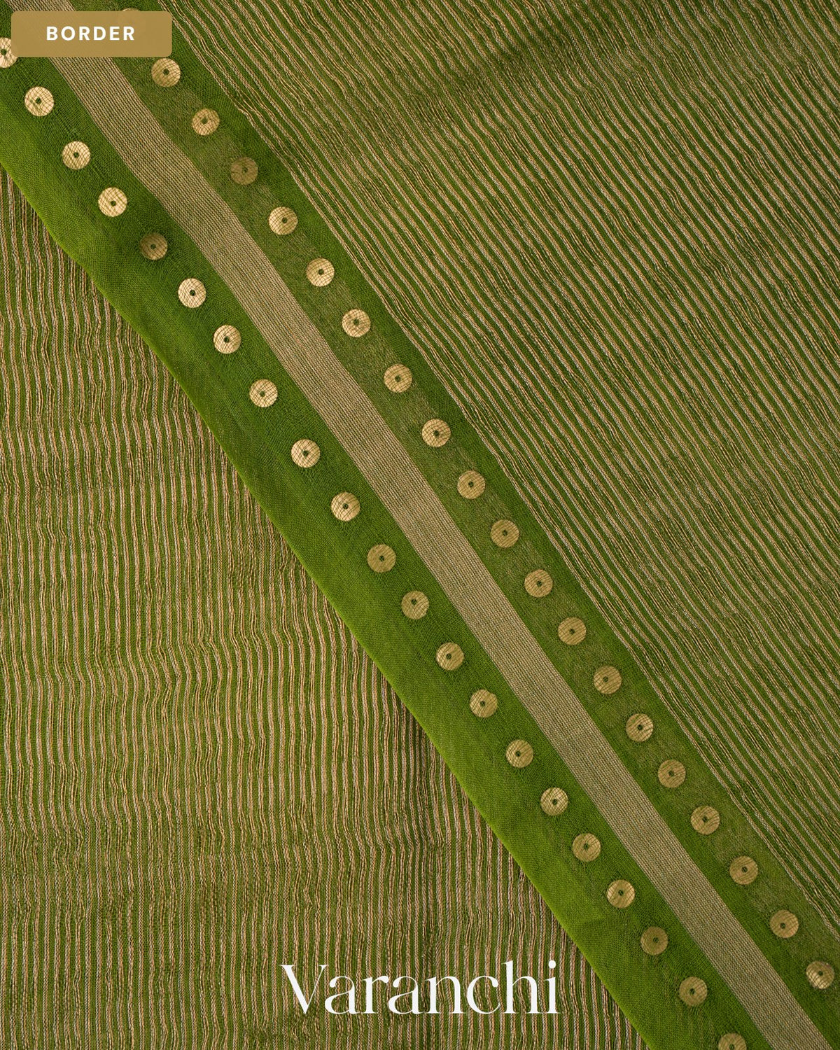 Leafy Green with Sequin Embroidery Pure Muslin Silk Handloom Saree — Border
