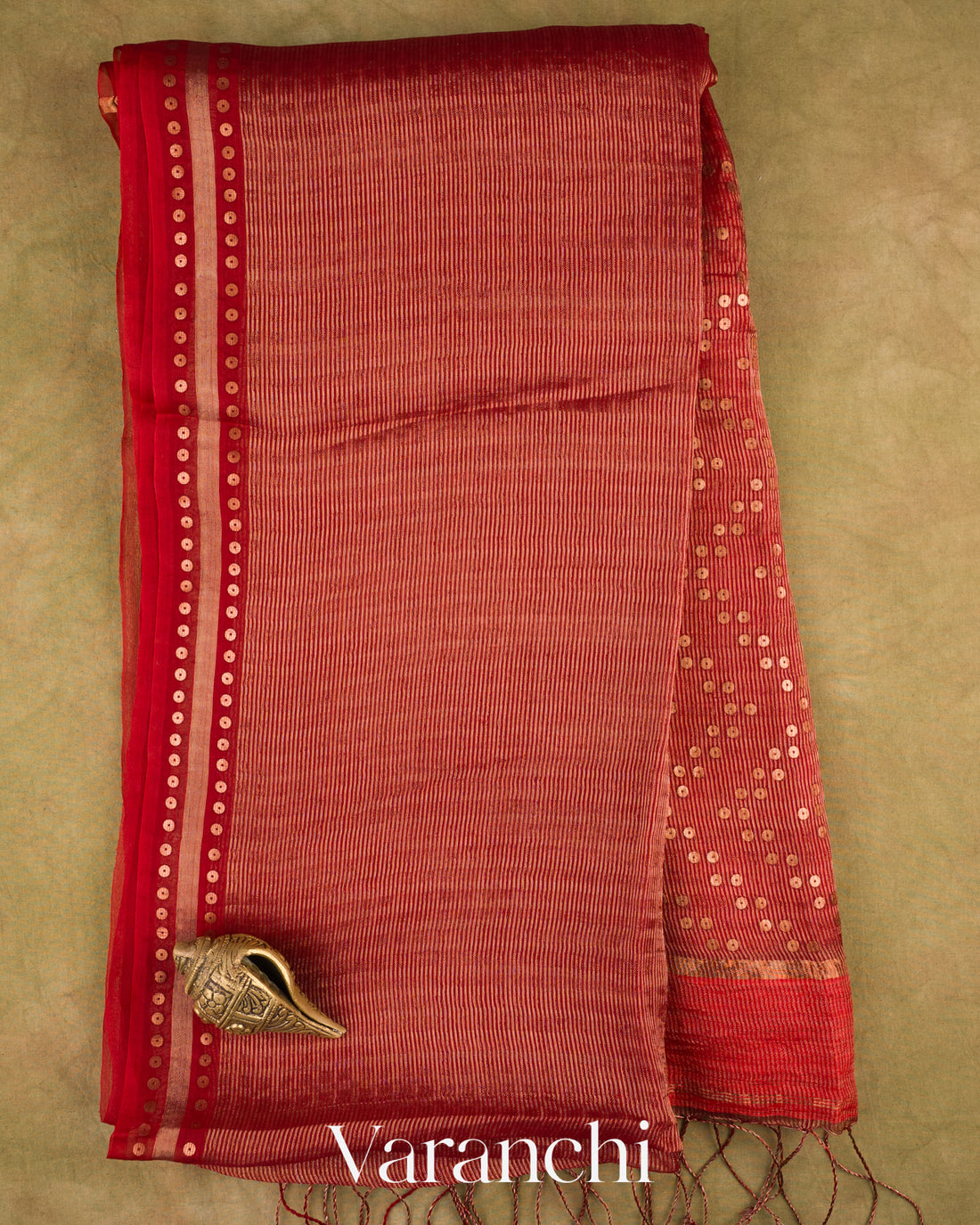 Brick Red with Sequin Embroidery Pure Muslin Silk Handloom Saree — Full Saree