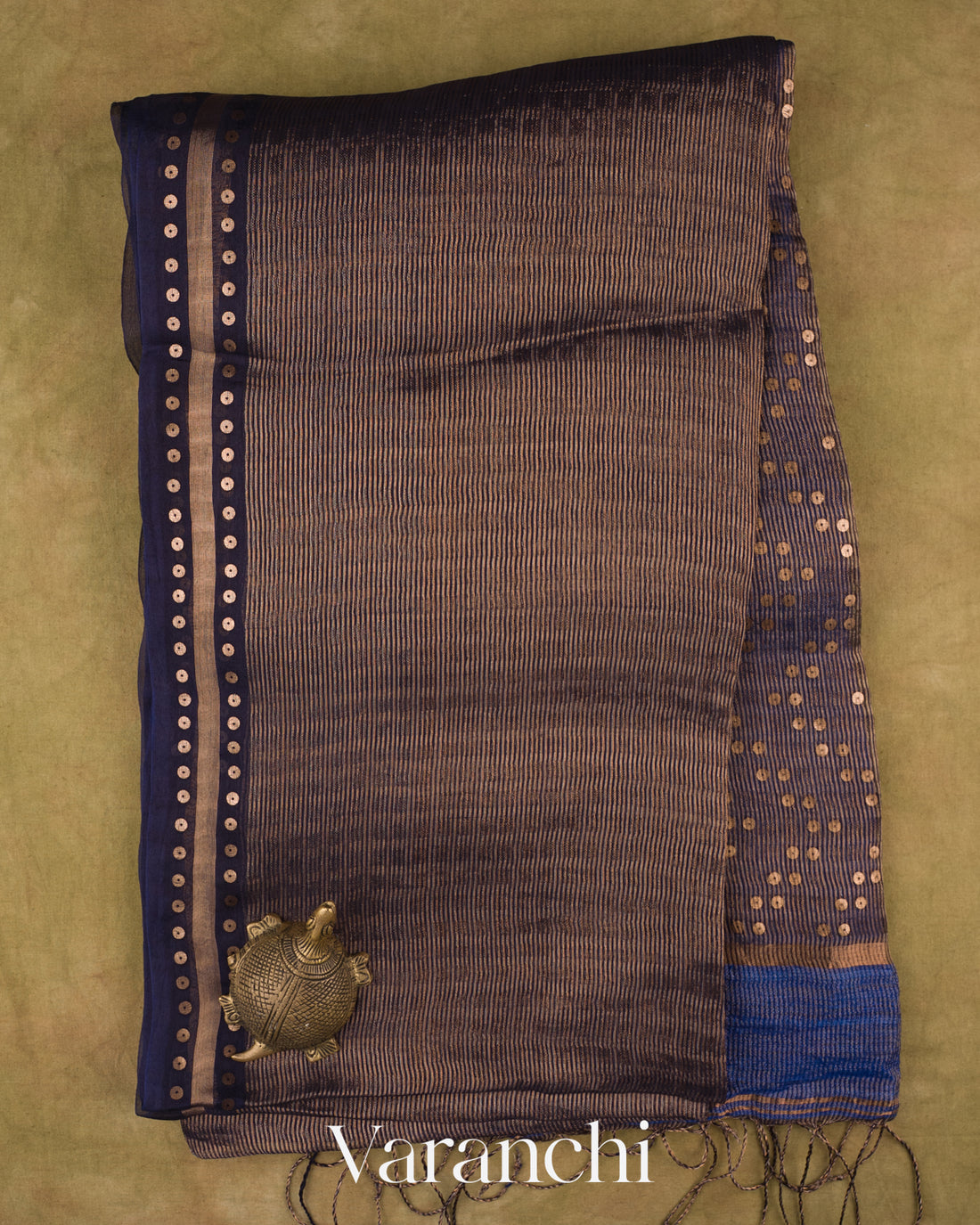 Sapphire Blue with Sequin Embroidery Pure Muslin Silk Handloom Saree — Full Saree