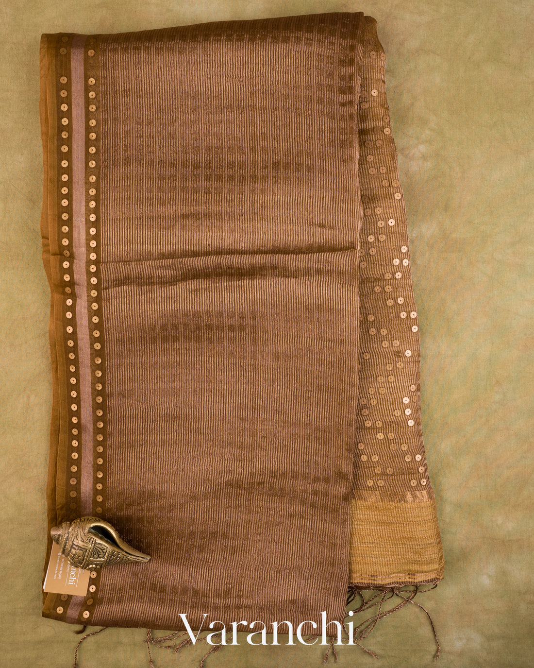 Cocoa Brown with Sequin Embroidery Pure Muslin Silk Handloom Saree — Full Saree