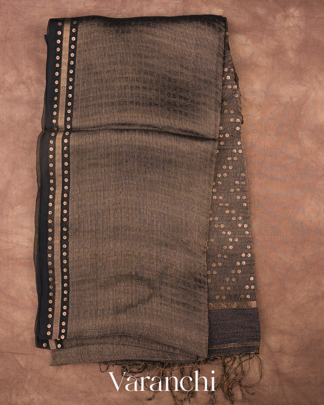 Black with Sequin Embroidery Pure Muslin Silk Handloom Saree — Full Saree