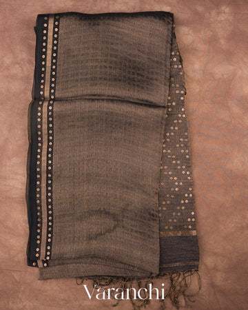 Black with Sequin Embroidery Pure Muslin Silk Handloom Saree — Full Saree