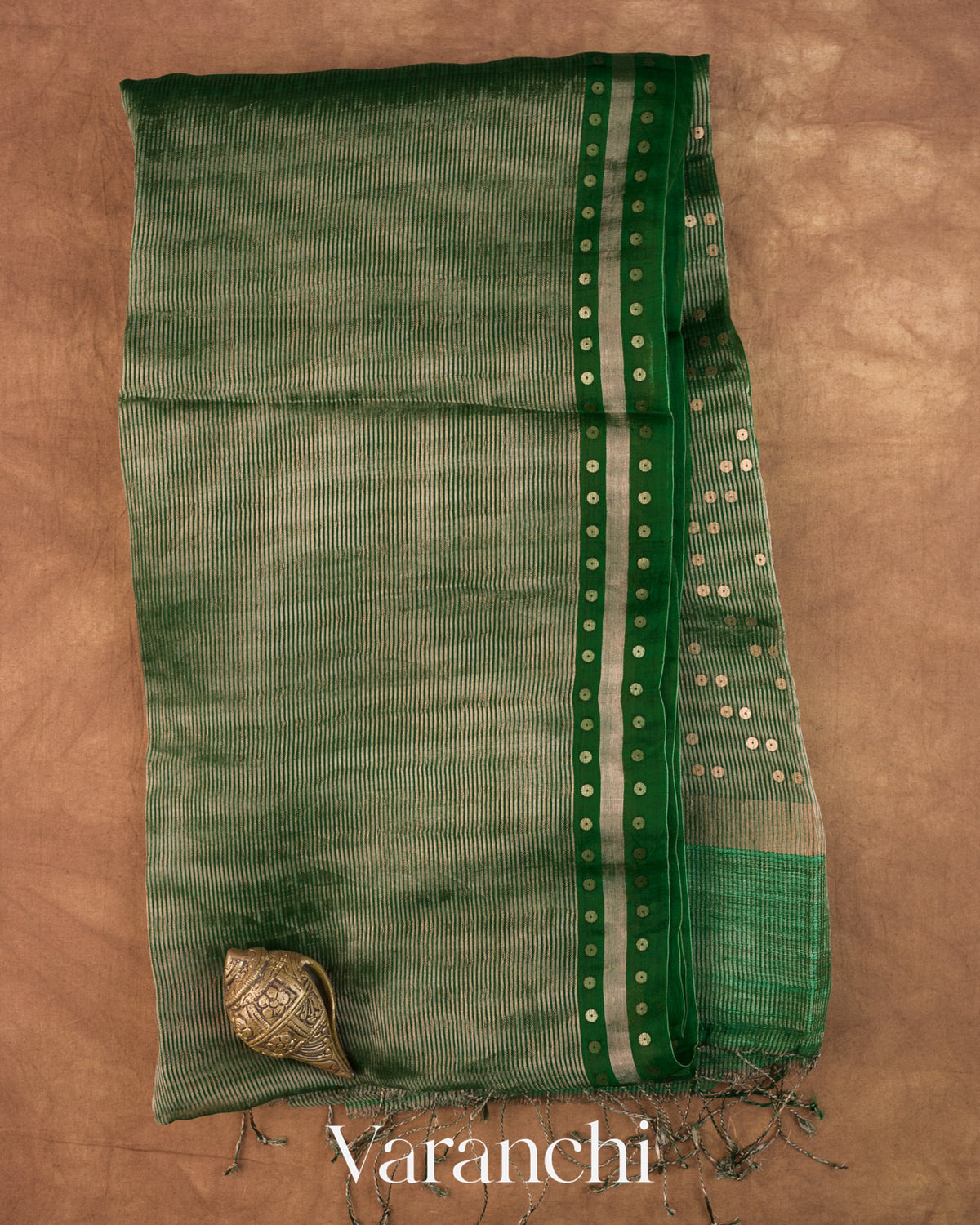 Bottle Green with Sequin Embroidery Pure Muslin Silk Handloom Saree — Full Saree