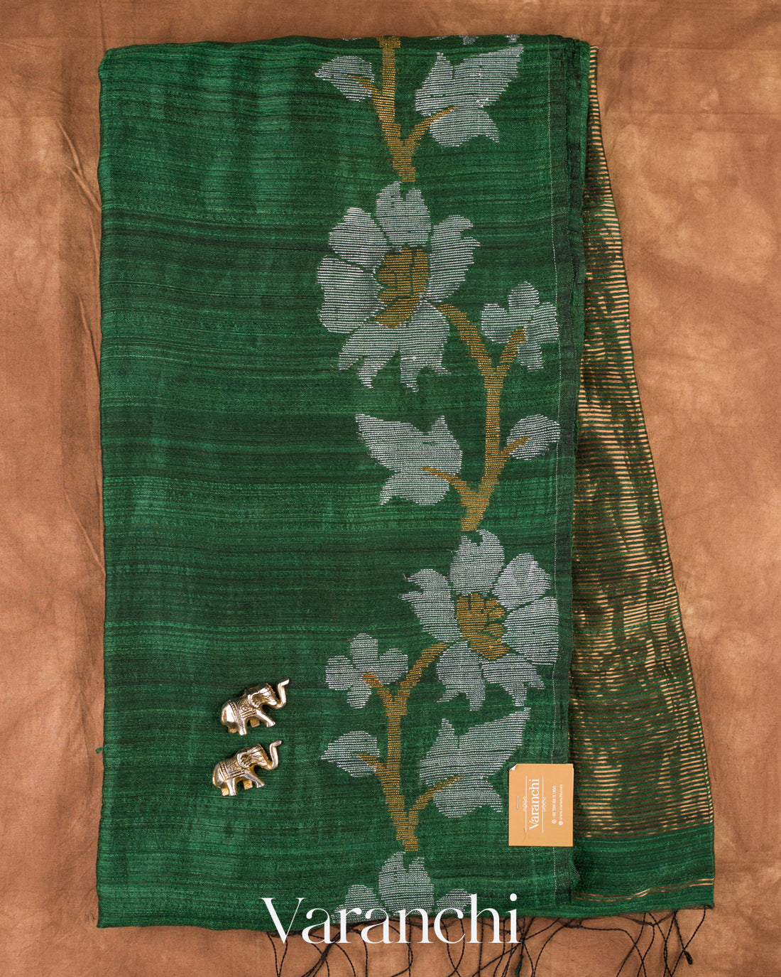 Bottle Green Jamdani Pure Matka Tissue Silk Handloom Saree — Full Saree