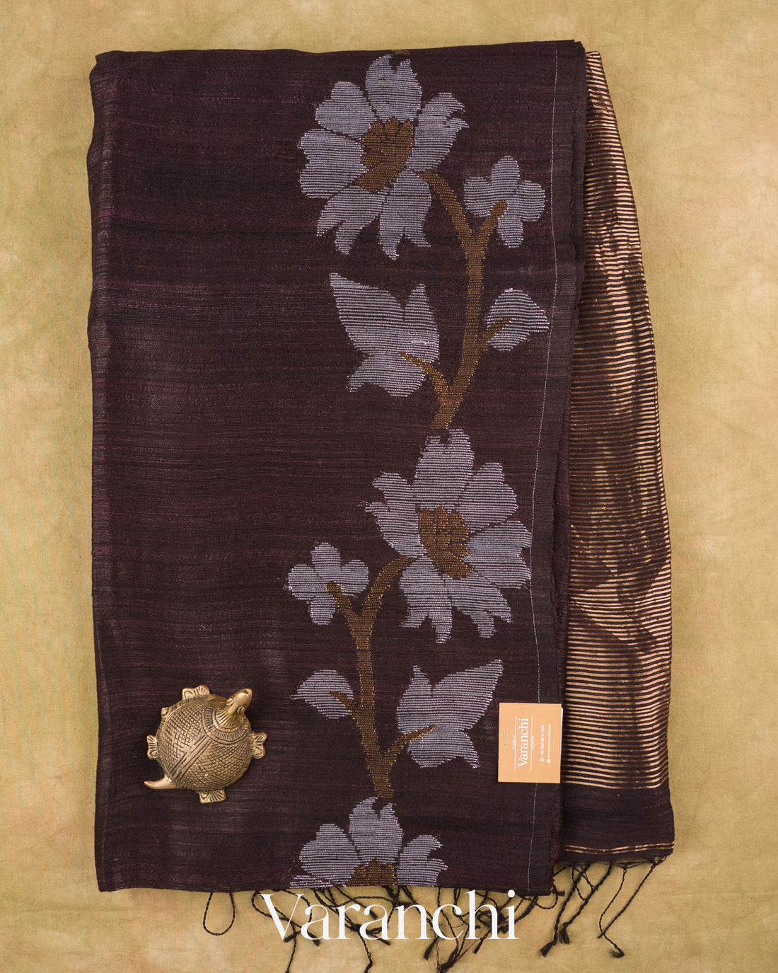 Deep Coffee Brown Floral Jamdani Pure Matka Silk Handloom Saree — Full Saree